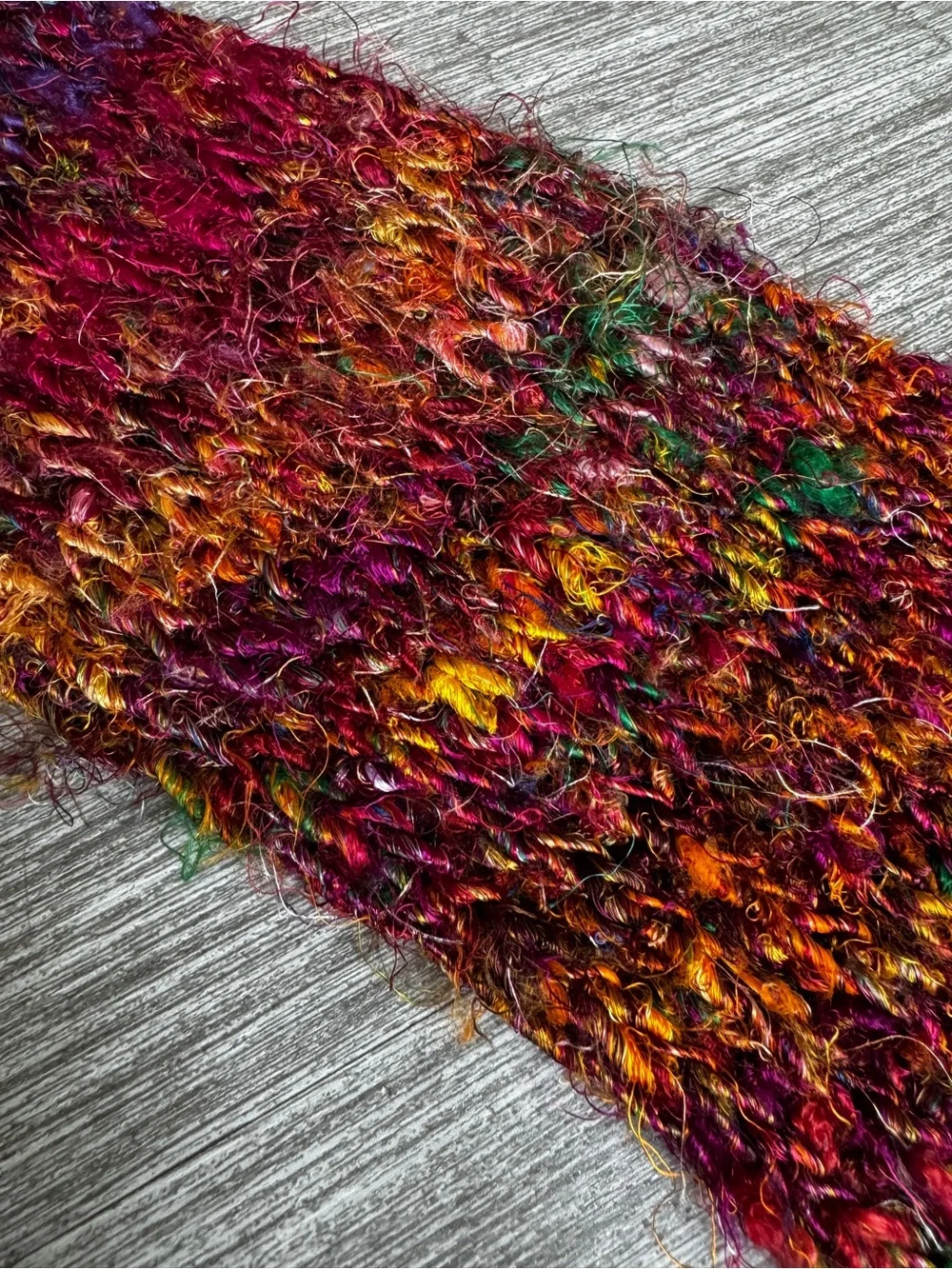100% Silk Nepal Vintage Hand Dyed Knit Scarf Shimmery Yarn Multi Texture 68”